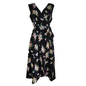 Eshakti Dress Womens Plus Size 1X/18W Black Yellow Floral Wrap Sleeveless Cute